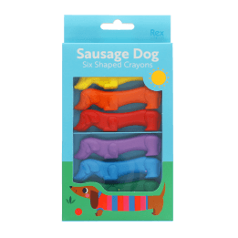 Set of six sausage dog-shaped crayons in yellow, purple, red, blue, green, and orange in packaging.