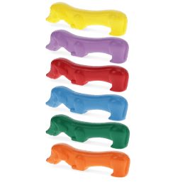 Set of six sausage dog-shaped crayons in yellow, purple, red, blue, green, and orange.