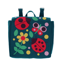 Blue children’s backpack with colourful ladybugs, flowers and a butterfly design.