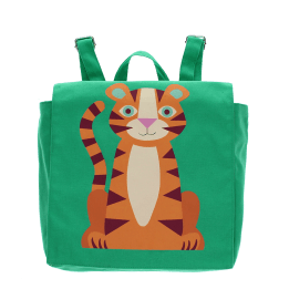 Green children’s backpack with colorful tiger design.
