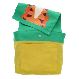 Inside of children’s backpack showing yellow lining, inner pocket, snap closure, and patterned flap