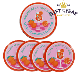 Four round coaster with Italian Aperitivo Spritz design and storage tin