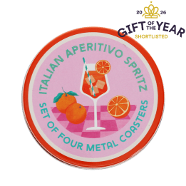 Four round coaster with Italian Aperitivo Spritz design in a storage tin