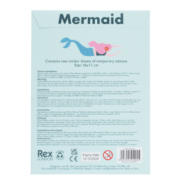 Back of mermaid temporary tattoos packaging with safey warnings and barcdoe