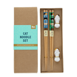 Cat-themed chopsticks set with two ceramic rests in a gift box.