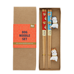 Dog-themed chopsticks set with two ceramic rests in a gift box.
