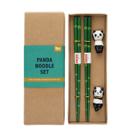 Green bamboo-themed chopsticks set with two panda ceramic rests in a gift box.