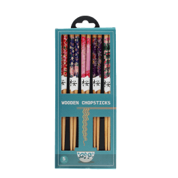 Box of five pairs of wooden chopsticks with colorful floral designs