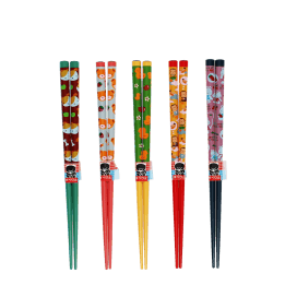 Set of five pairs of colorful chopsticks with cute animal and fruit designs