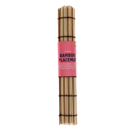 Rolled bamboo placemat secured with a pink label
