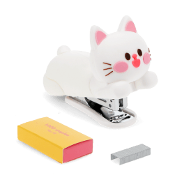Kitten-shaped stapler with a small box of staples beside it