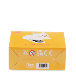Base of kitten stapler packaging box showing safety warnings sign and CE mark