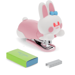 Bunny-shaped stapler with a small box of staples beside it