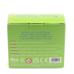 Back of bunny stapler packaging box showing safety warnings descriptions and CE mark.