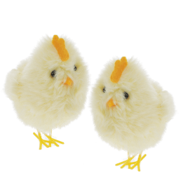 Two fluffy yellow chick decorations sitting side by side
