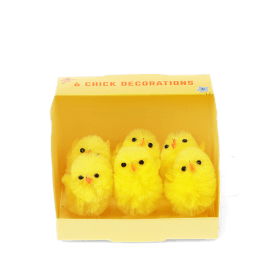Six fluffy yellow chick decorations displayed inside a small yellow gift box.
