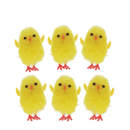 Six fluffy yellow chick decorations displayed side by side.