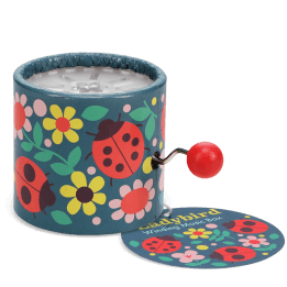 Winding music box with illustrated flowers and ladybird design, featuring a red turning handle with tag.