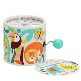 Wild wonders‑themed winding music box with illustrated lion, zebra animals design with tag.