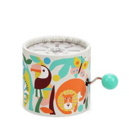Wild wonders‑themed winding music box with illustrated lion, zebra animals design.