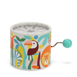 Wild wonders‑themed winding music box with illustrated lion, zebra animals design.