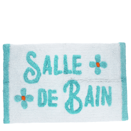 White bath mat with text reading ‘Salle de Bain'