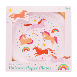 Pack of eight unicorn paper plates with colourful unicorn and rainbow design.