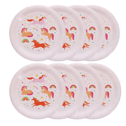 Eight unicorn paper plates with colourful unicorn and rainbow design.