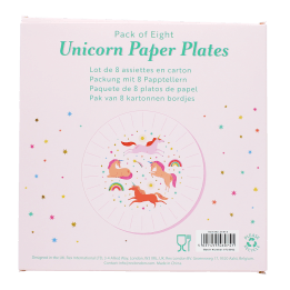 Back of unicorn paper plates packaging displayed colourful unicorn and rainbow design with barcode.