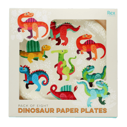 Pack of eight dinosaur paper plates with colourful dinosaur illustrations.