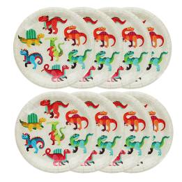 Eight dinosaur paper plates with colourful dinosaur illustrations.