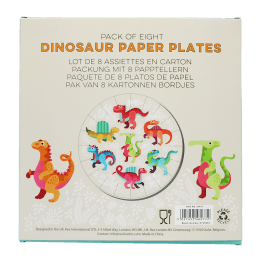 Back of dinosaur paper plates, showing product information and colourful dinosaur illustrations.