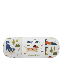 Glasses case with playful illustrated dogs and trees on a light background.