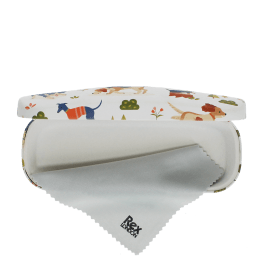 Glasses case with playful illustrated dogs and cleaning cloth