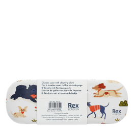 Glasses case with playful illustrated dogs and a barcode 