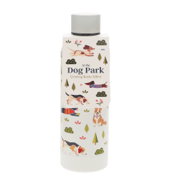 stainless‑steel water bottle decorated with colourful illustrations of playful dogs,