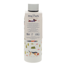 stainless‑steel water bottle decorated with colourful illustrations of playful dogs with barcode.