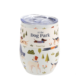 Travel cup decorated with colourful illustrations of playful dogs.