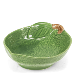 Green ceramic bowl with textured surface and a leaf design near the rim with brown stem accent
