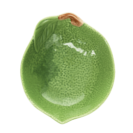 Green ceramic bowl with textured surface and a leaf design near the rim with brown stem accent