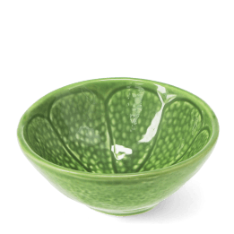 Green ceramic bowl with textured lime-like pattern and glossy finish.