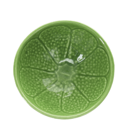 Green ceramic bowl with textured lime-like pattern and glossy finish.