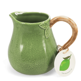 Green ceramic jug with textured surface and a curved brown handle with tag