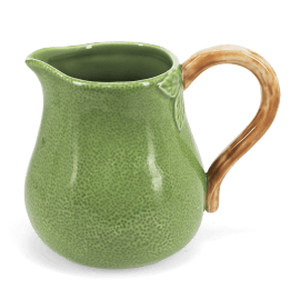 Green ceramic jug with textured surface and a curved brown handle