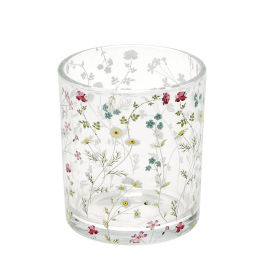 Clear glass candle holder with delicate floral design 