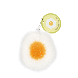 Fried egg–shaped dishcloth with a white textured surface, yellow centre, and hanging loop with tag.