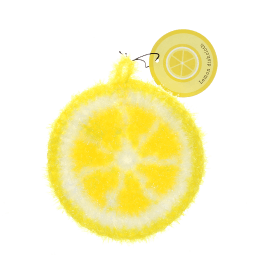 Lemon–shaped dishcloth with a yellow textured surface and hanging loop with tag.