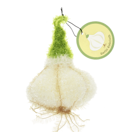 Garlic-shaped dishcloth with a white textured bulb, green stem, root details, and hanging loop with tag.