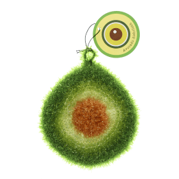 Avocado-shaped dishcloth with textured green layers, brown pit detail, and hanging loop with tag.