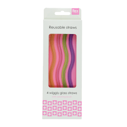 Pack of colourful four wiggly glass straws.
